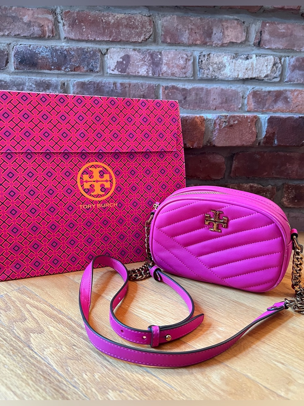Tory Burch Crazy Pink Kira Chevron Small Leather Camera Bag